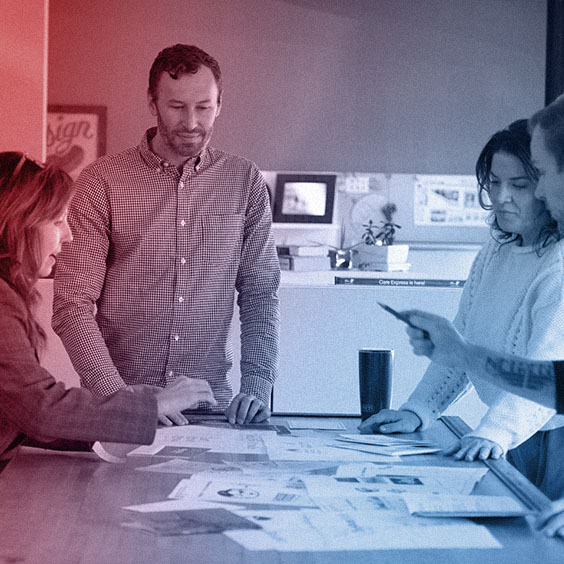 WTADS brainstorm session with red blue gradient overlay.