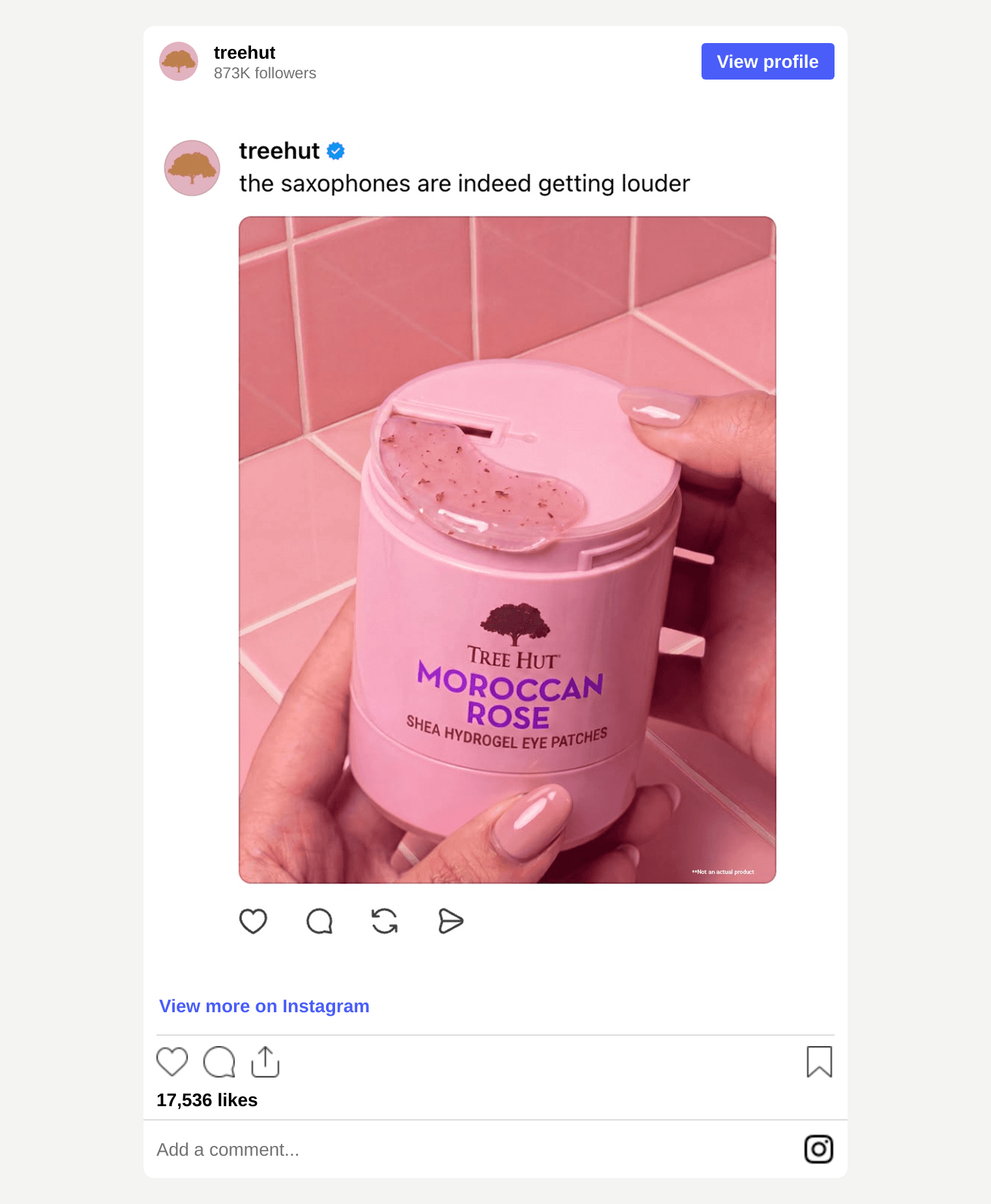 Tree Hut Instagram post showing a pink Tree Hut eye-patch dispenser that the brand says it did not make