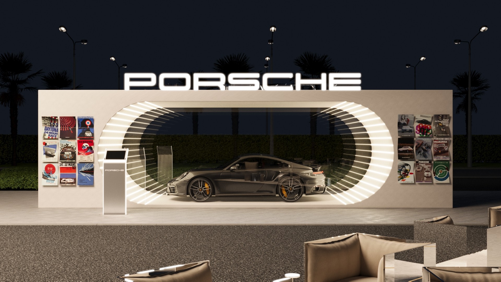 Exhibition zone featuring a Porsche vehicle, part of the roadside pop-up concept designed by our team