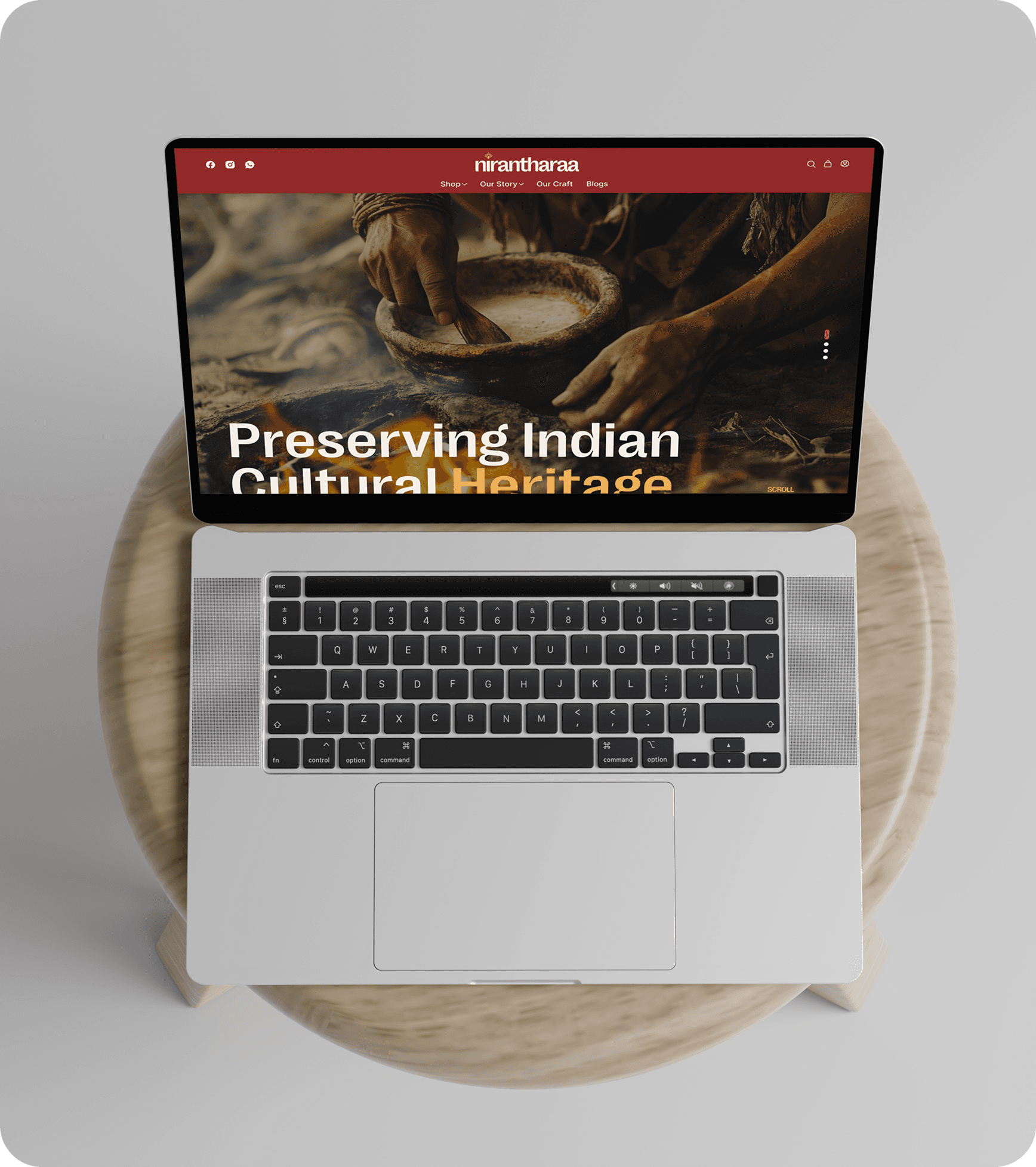Discover Indian cultural heritage online with Nirantharaa.com website on a laptop, exploring traditions and supporting artisans.