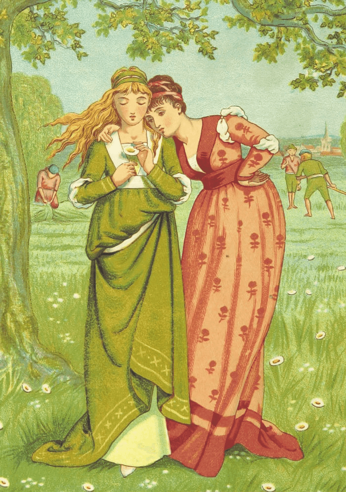 Two women in elegant, colorful dresses stand closely together under a tree, surrounded by a lush green landscape.