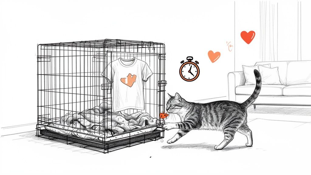 A cat explores a comfortable pet crate with a t-shirt, surrounded by hearts and a timer, suggesting a positive experience.