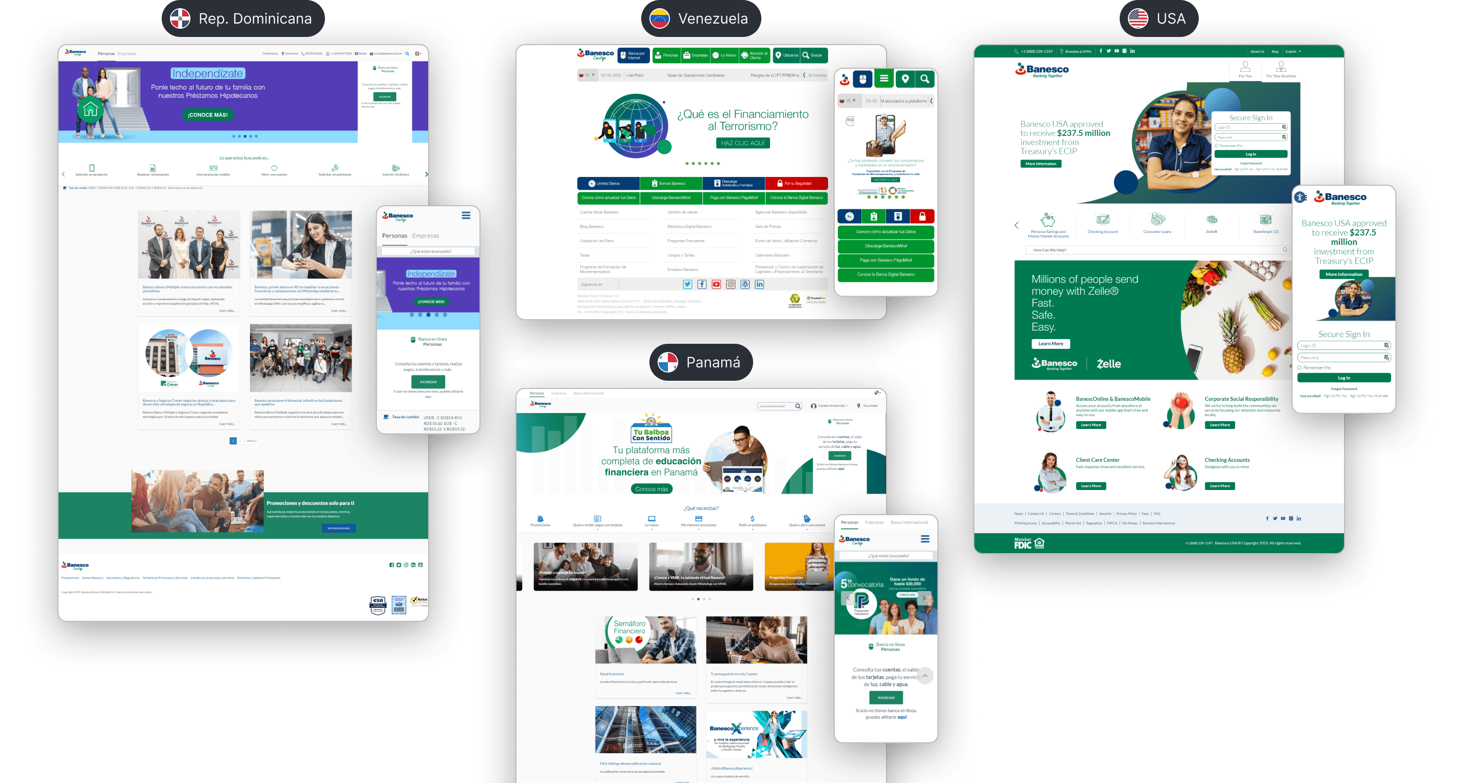 Websites previos de las distintas sedes de Banesco
