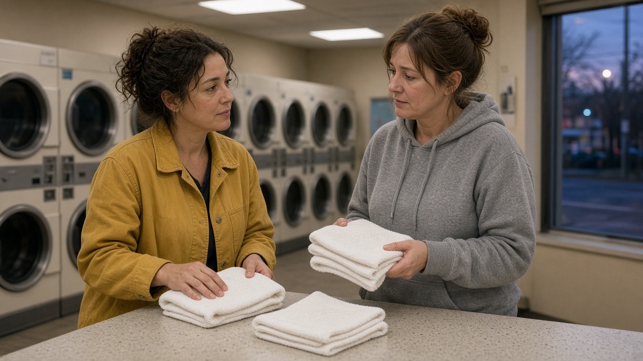 The image shows two women standing at a counter in a laundry facility, folding white towels. One woman, wearing a mustard yellow jacket, and the other, dressed in a gray hoodie, engage in a focused conversation while handling the towels. Behind them is a row of front-loading washing machines and a window revealing an evening outdoor scene. This image can be used to illustrate concepts related to caregiving, domestic chores, or community support environments.