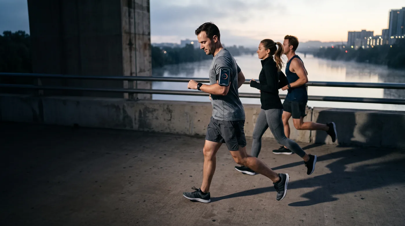 Three runners on a riverside path at dawn
