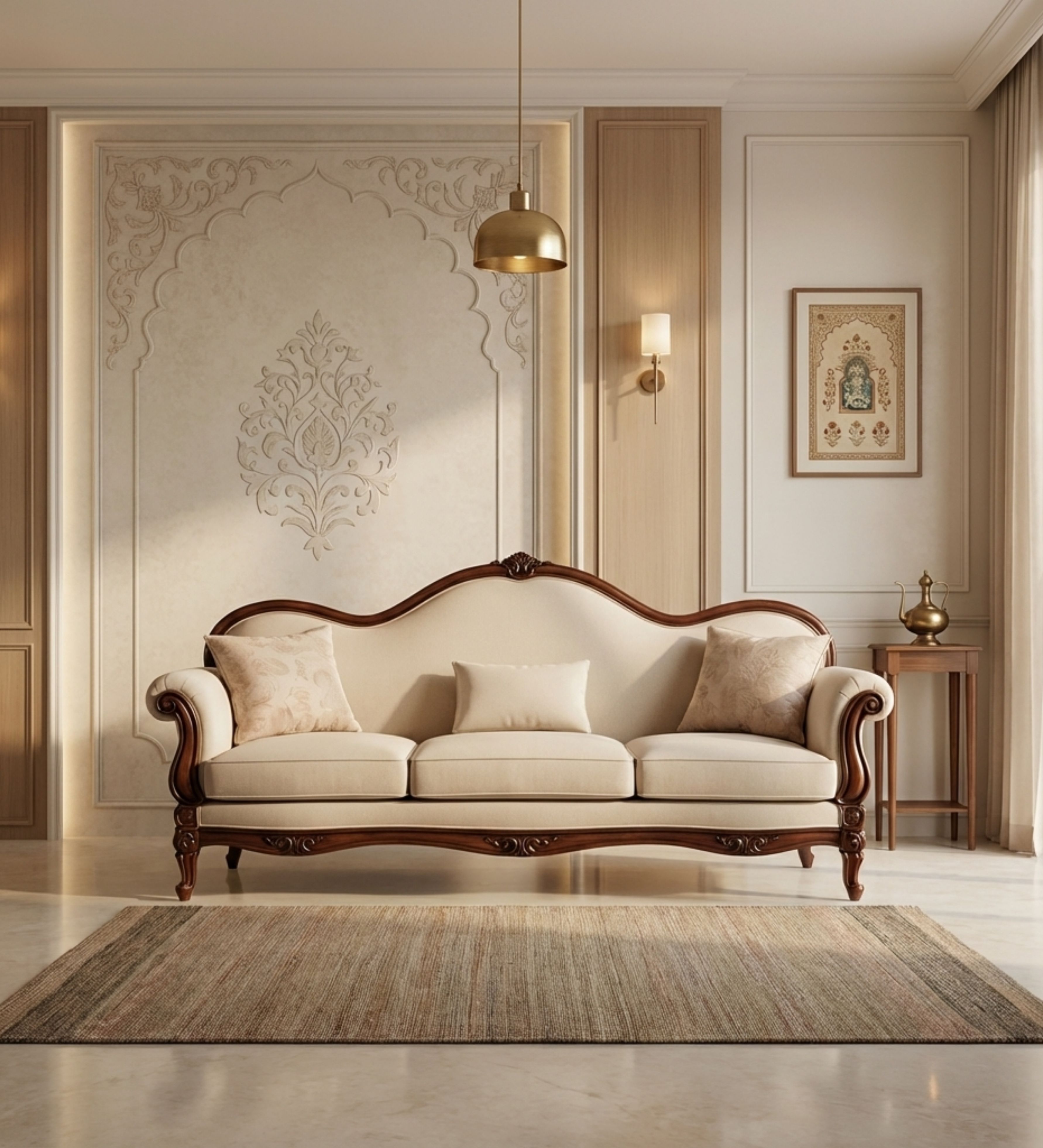 Plum velvet 3-seater with channel tufting and gold-toned legs.