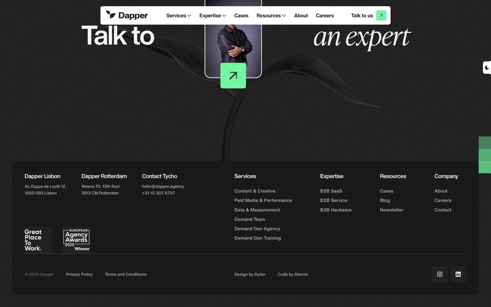 Black footer with contact info, services, resources, and expertise. Logo at top left. Text: "Talk to an expert".
