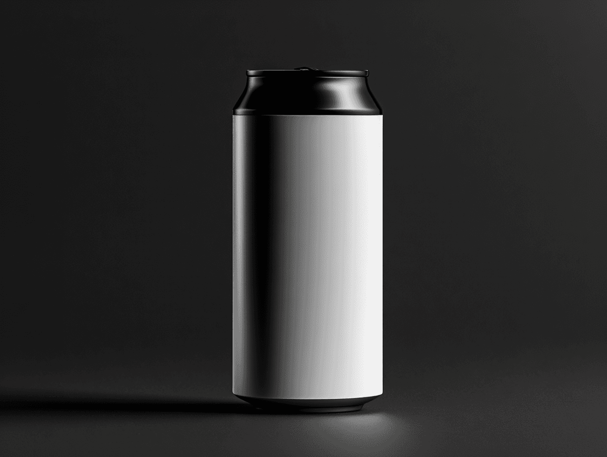 A metal canister stands against a dark background, reflecting light with a shiny surface.