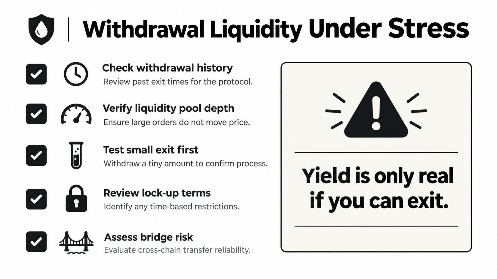 An infographic checklist for evaluating withdrawal liquidity and risk assessment for crypto yield protocols and investments.