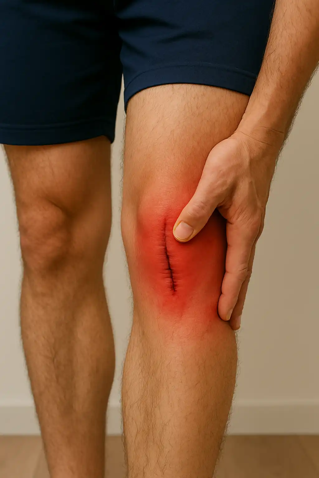 A close-up of a person holding their knee, which shows a fresh vertical surgical incision surrounded by significant redness and swelling.