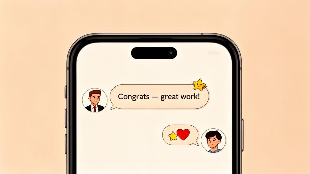 Close-up of a smartphone screen showing a chat app with congratulatory messages and emojis.