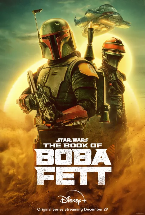 Poster featuring Boba Fett in full armor in front of the bounty hunter Fennec Shand