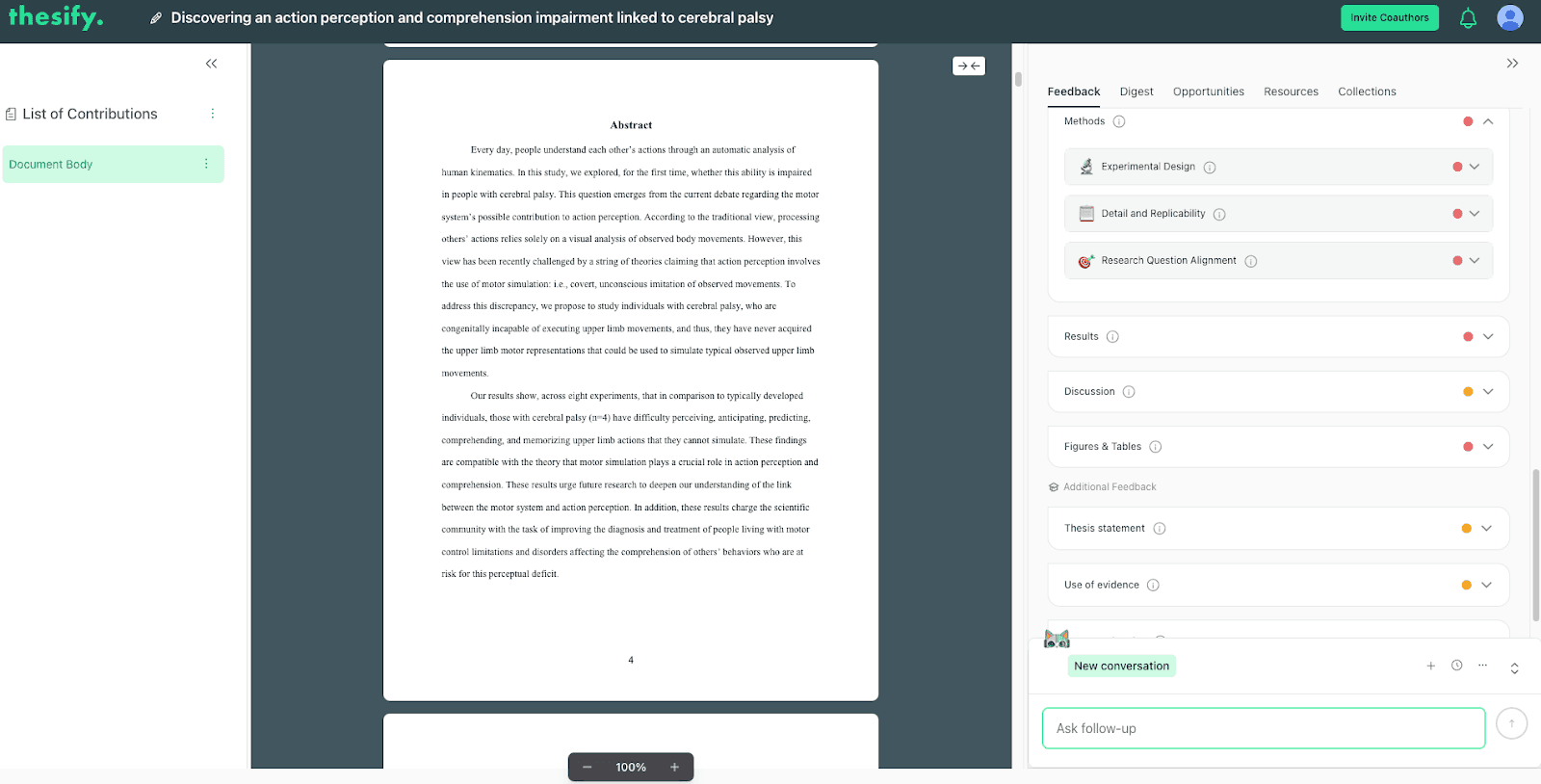 thesify methods section feedback showing Experimental Design rubric with design fit and population sampling marked partially met
