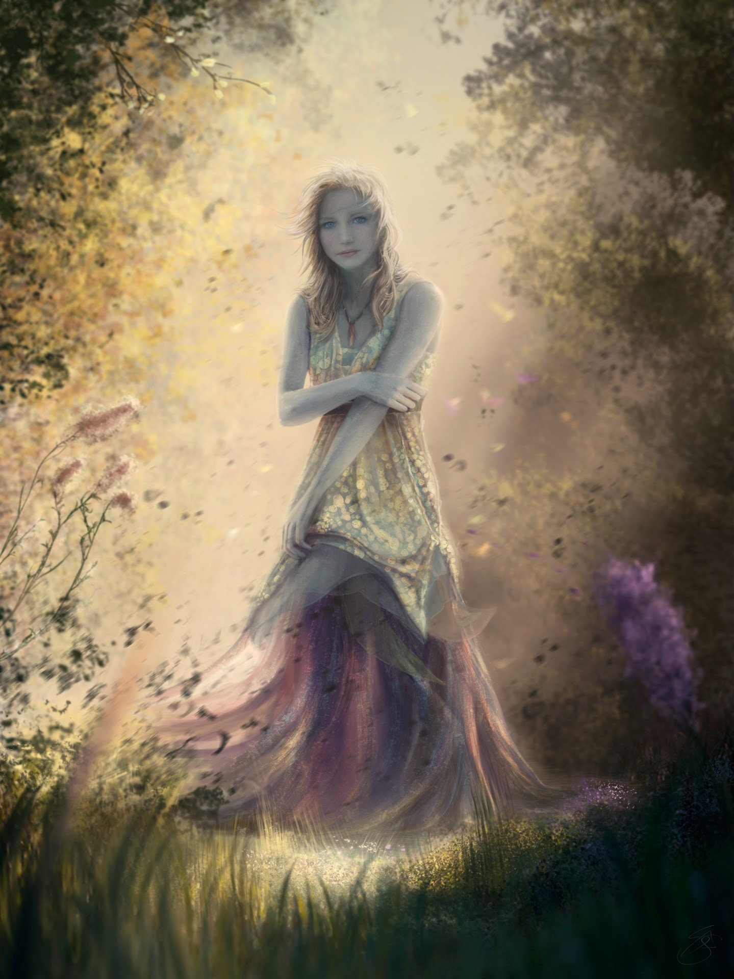 Illustration of a fairy looking girl with silvery blue skin in silky clothes standing in a forest, by Simone De Salvatore