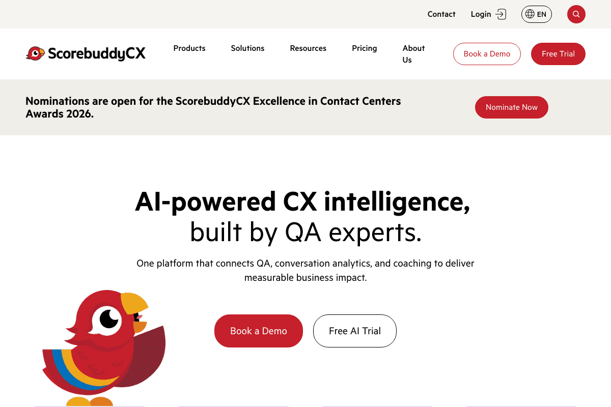 ScorebuddyCX homepage headlined AI-powered CX intelligence, built by QA experts