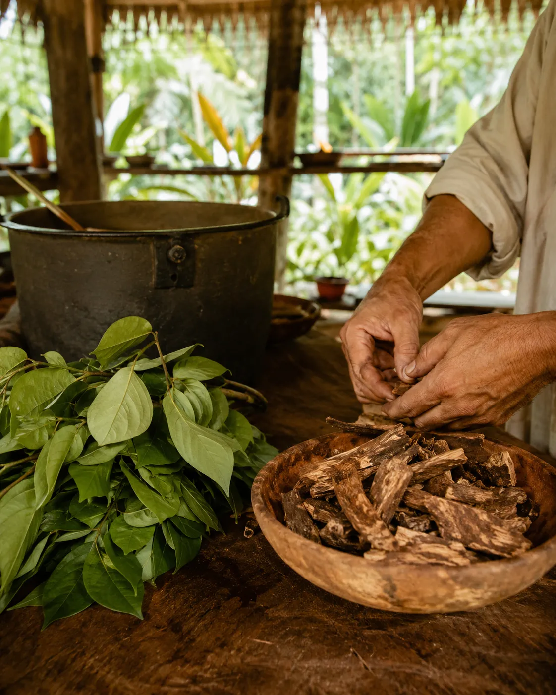Plant medicine preparation with ceremonial materials at the Soul Journey retreat