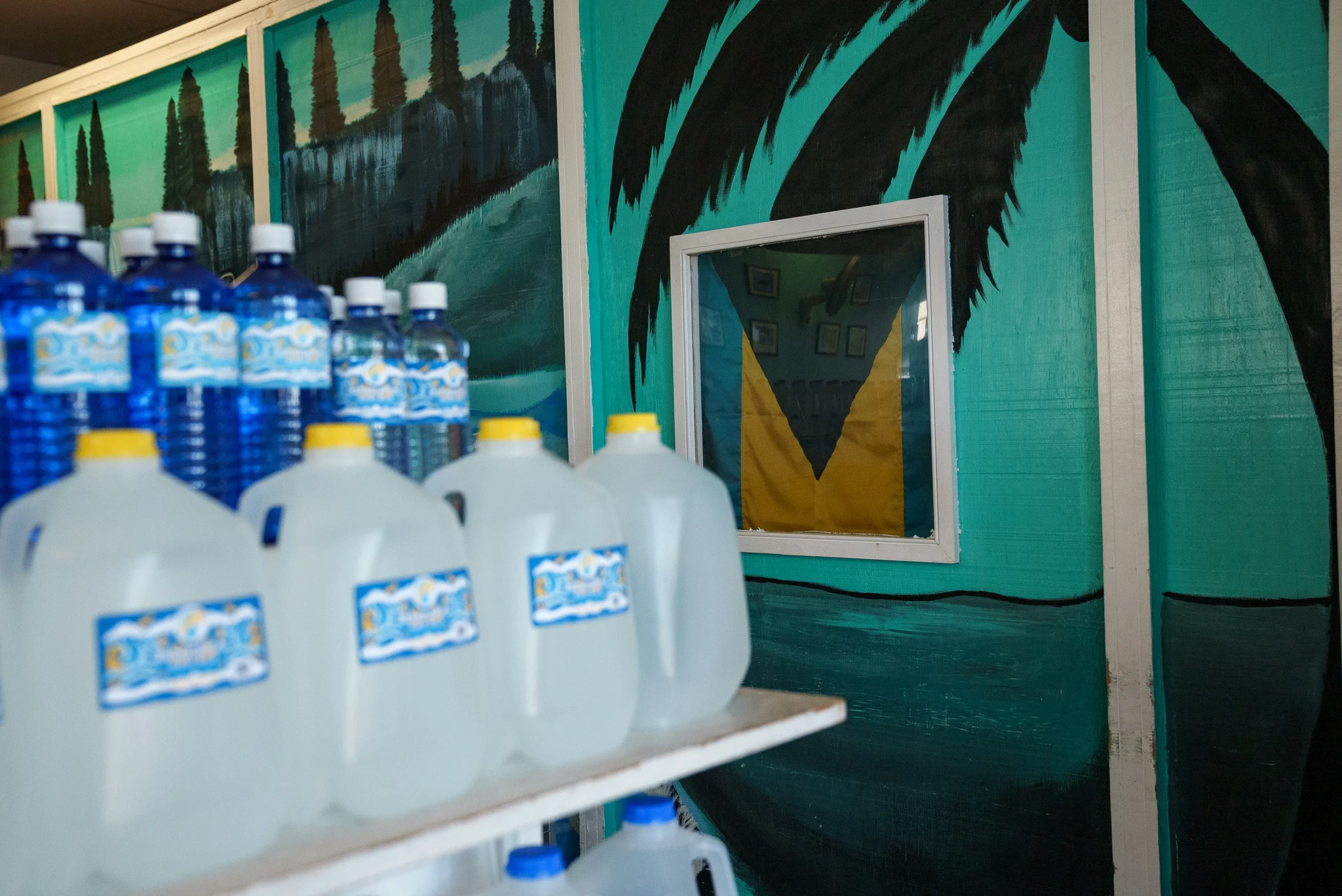 Plastic jugs of water and blue bottled water are displayed on a shelf in front of a teal-colored wall with painted palm trees and a small window.
