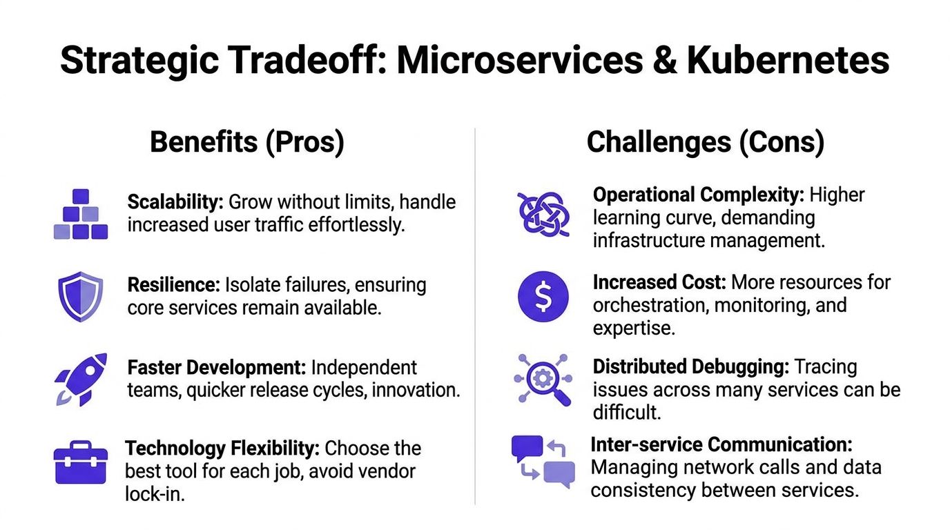 A comparison chart outlining the strategic benefits and challenges of implementing microservices and Kubernetes in software development.