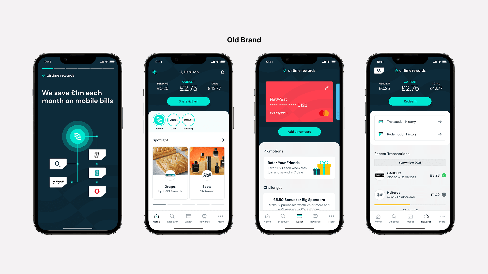 Old Airtime Rewards app screens showing the home, wallet, and rewards balance in the previous brand style.