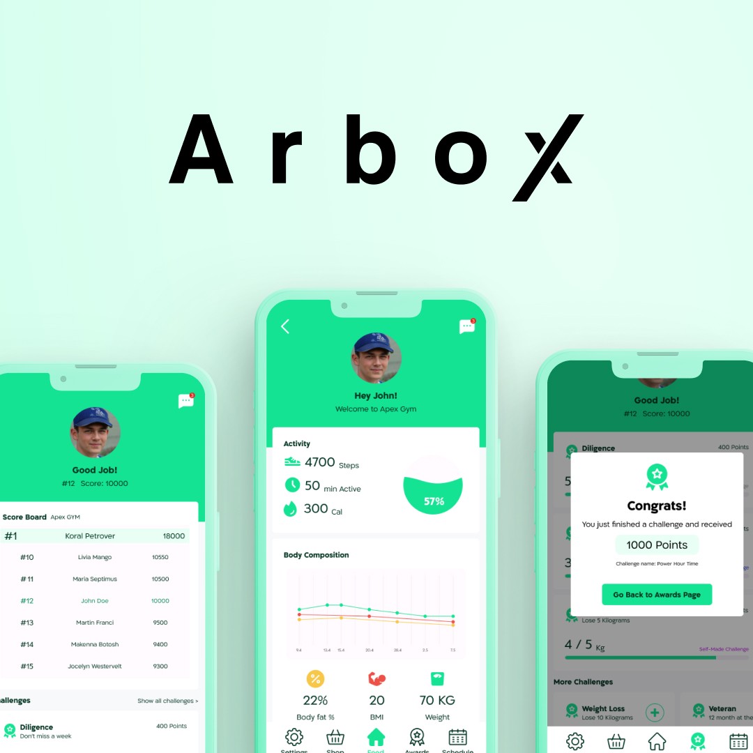 Arbox logo, on the left - 4 screens from the design with green background