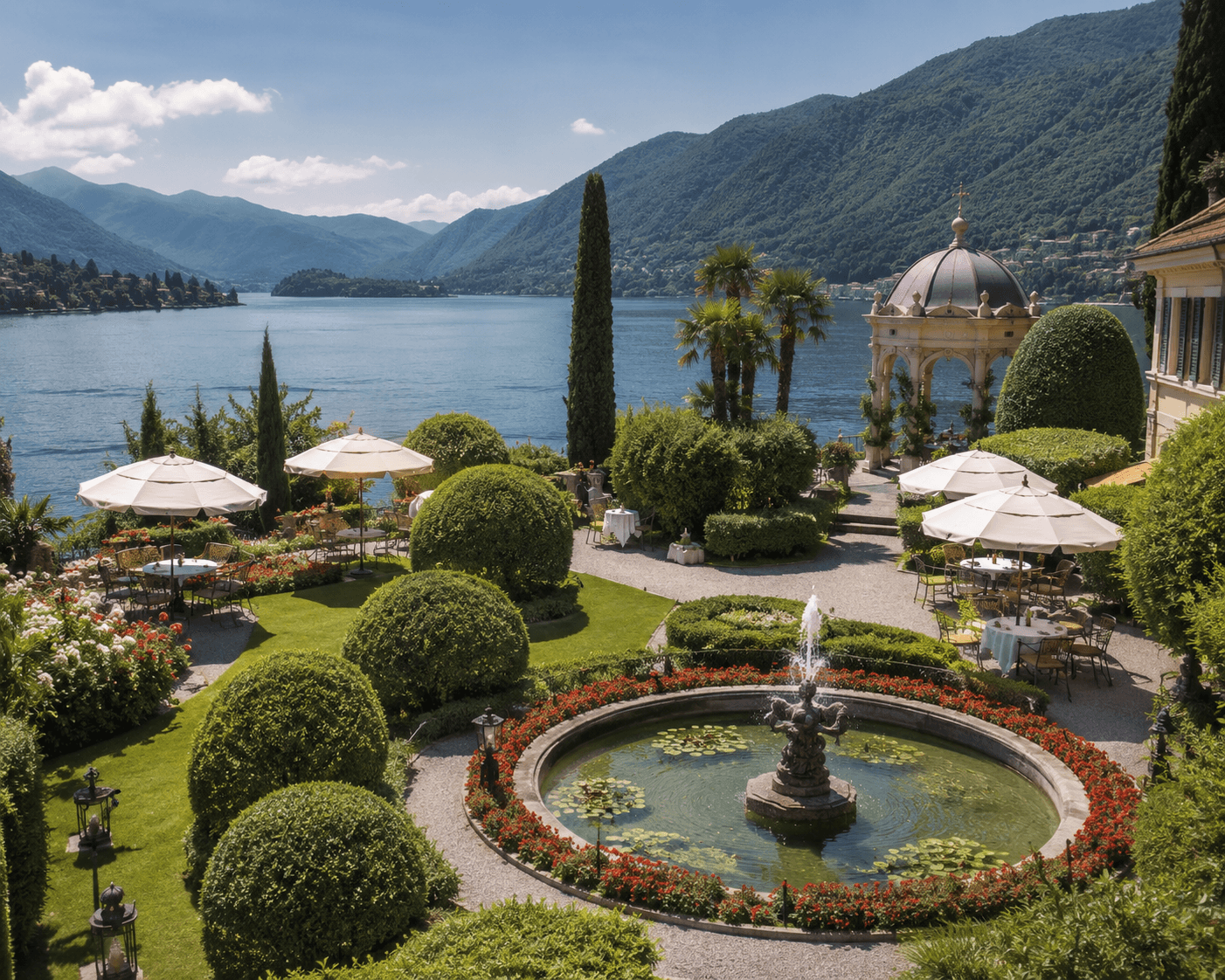 A high-angle view of lush, manicured villa gardens overlooking Lake Como under a bright blue sky. In the foreground, a circular stone fountain surrounded by red flowerbeds anchors the landscape. Outdoor dining tables with white umbrellas are scattered across green lawns and gravel paths, leading to a classical stone gazebo near the water's edge, framed by tall cypress trees, palm trees, and distant green mountains.