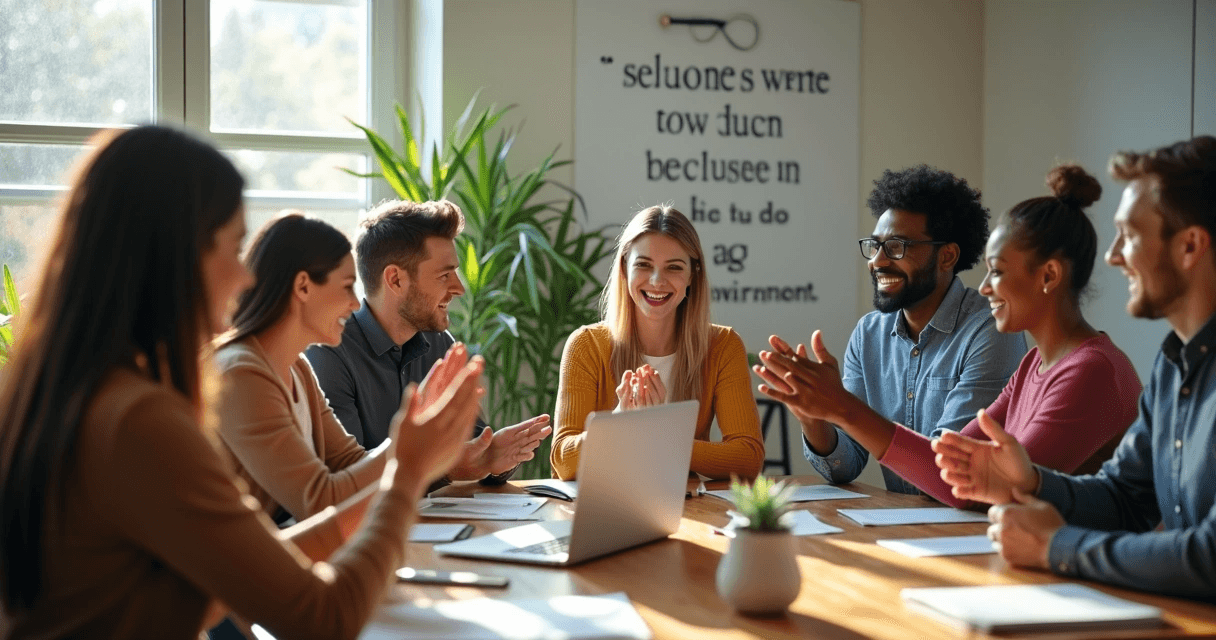 Equipe reunida sorrindo em volta de uma mesa, celebrando um reconhecimento coletivo