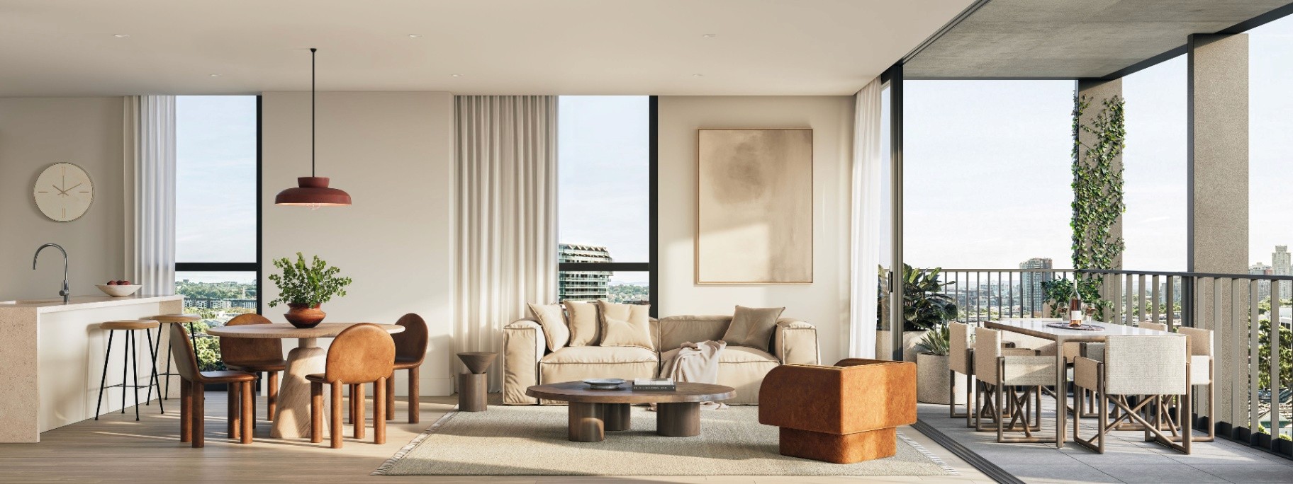 Bright open-plan living and dining area inside a The Avenues apartment, featuring floor-to-ceiling windows, balcony access, and modern interior finishes.