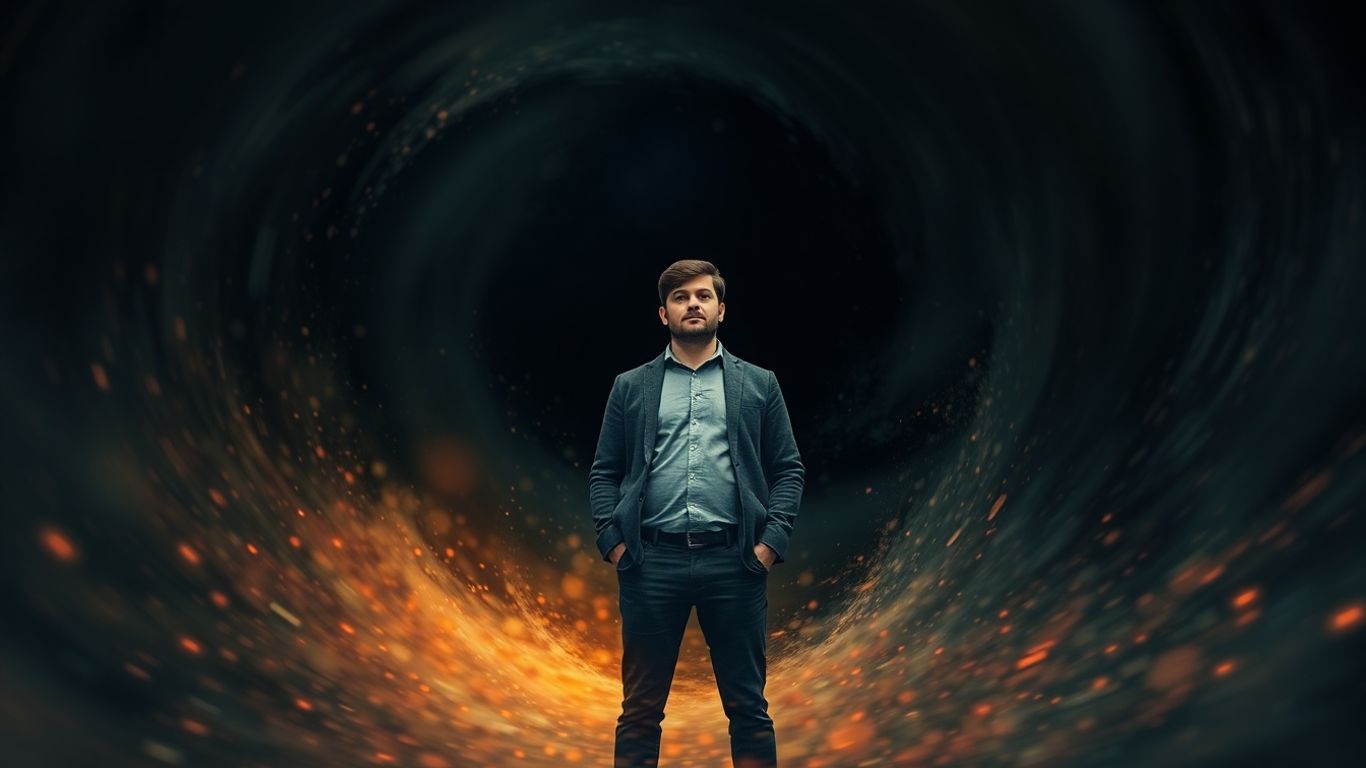 Entrepreneur facing chaos with a calm, determined expression.