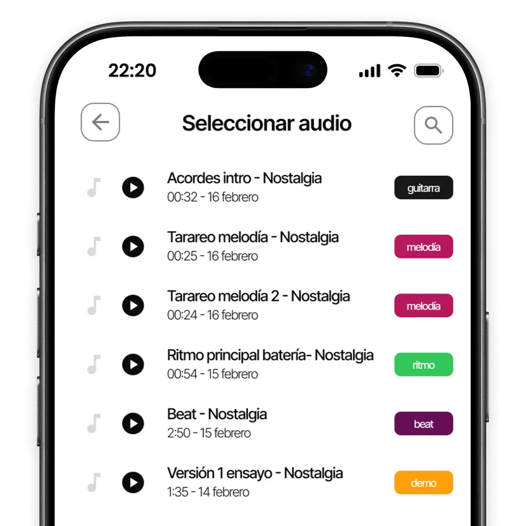Selección de audios para adjuntar en notas