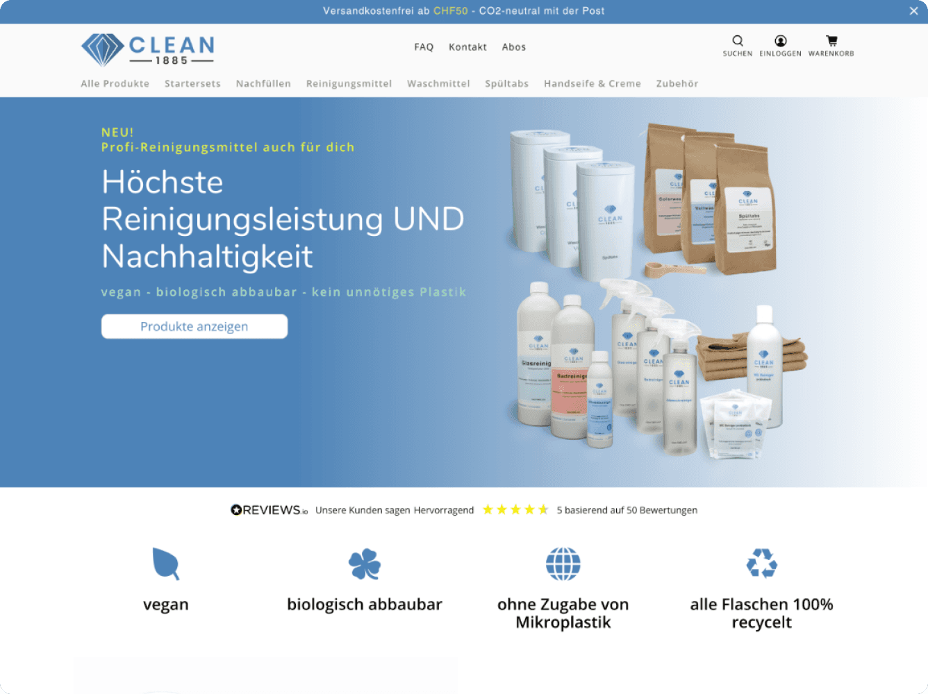 Clean 1885 product detail page for the Starterset Spülen, showing a reusable bottle, pricing, star rating, add to cart button, and a bullet-point product description