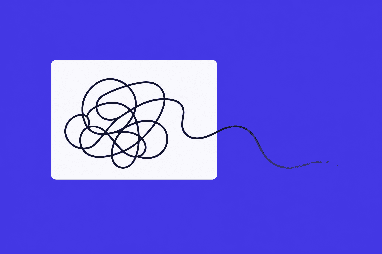 A dark, looping line scribbles across a white panel on a purple background, gradually untangling into a loose curve that trails off to the right.
