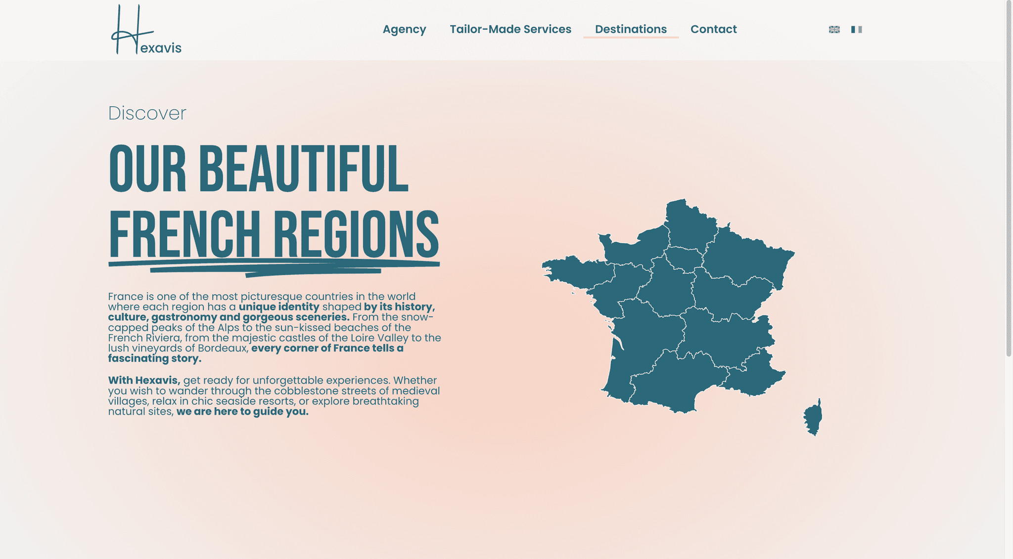 Interface multilingue Hexavis (EN) : adaptation du webdesign pour une clientèle internationale et gestion du contenu multi-langues.