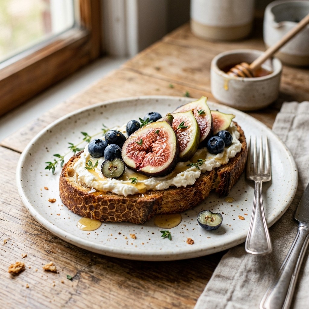 Fig and blueberry ricotta toast finished with honey and herbs