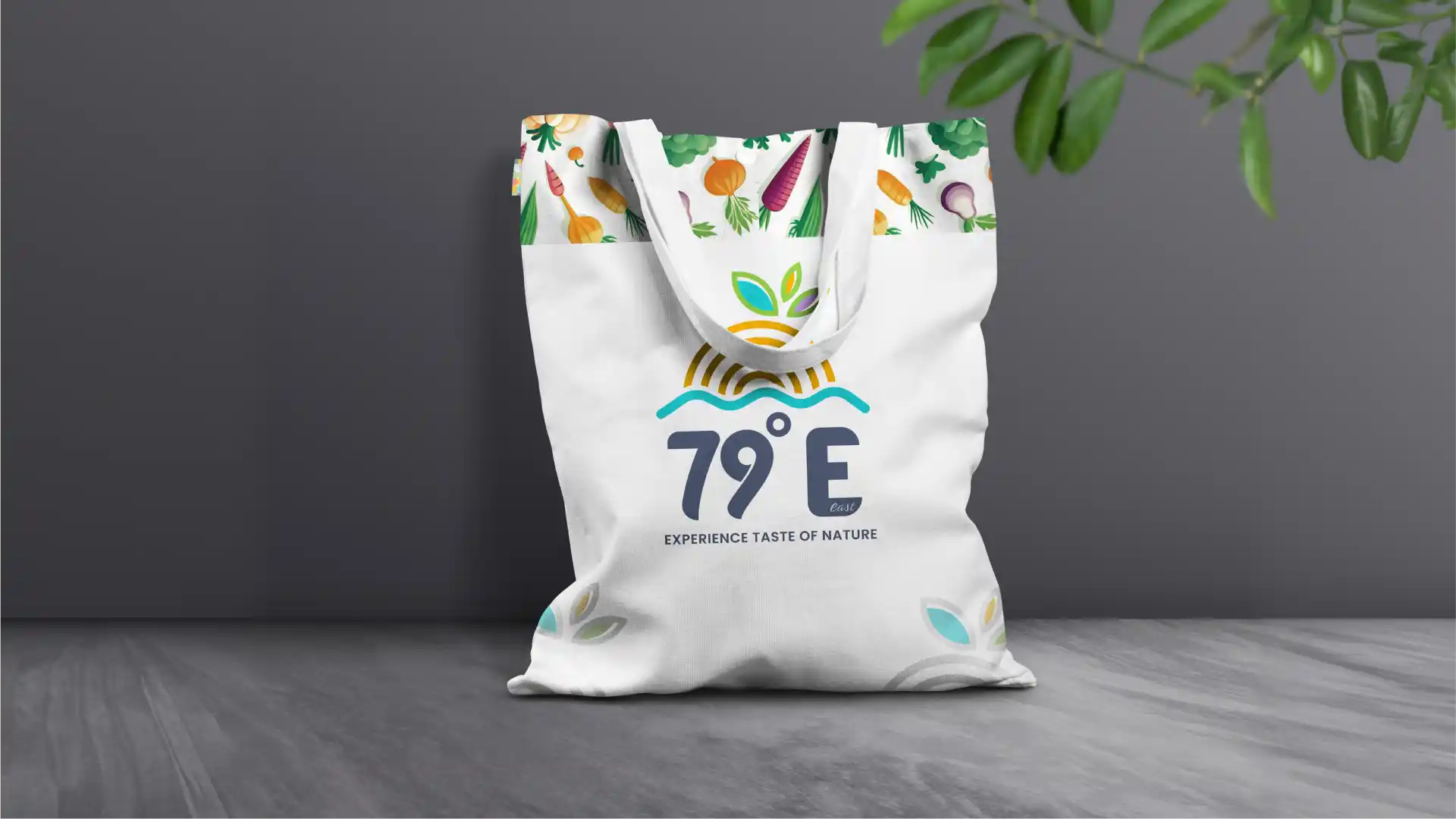 79e branded cotton tote bag with vegetable illustration print