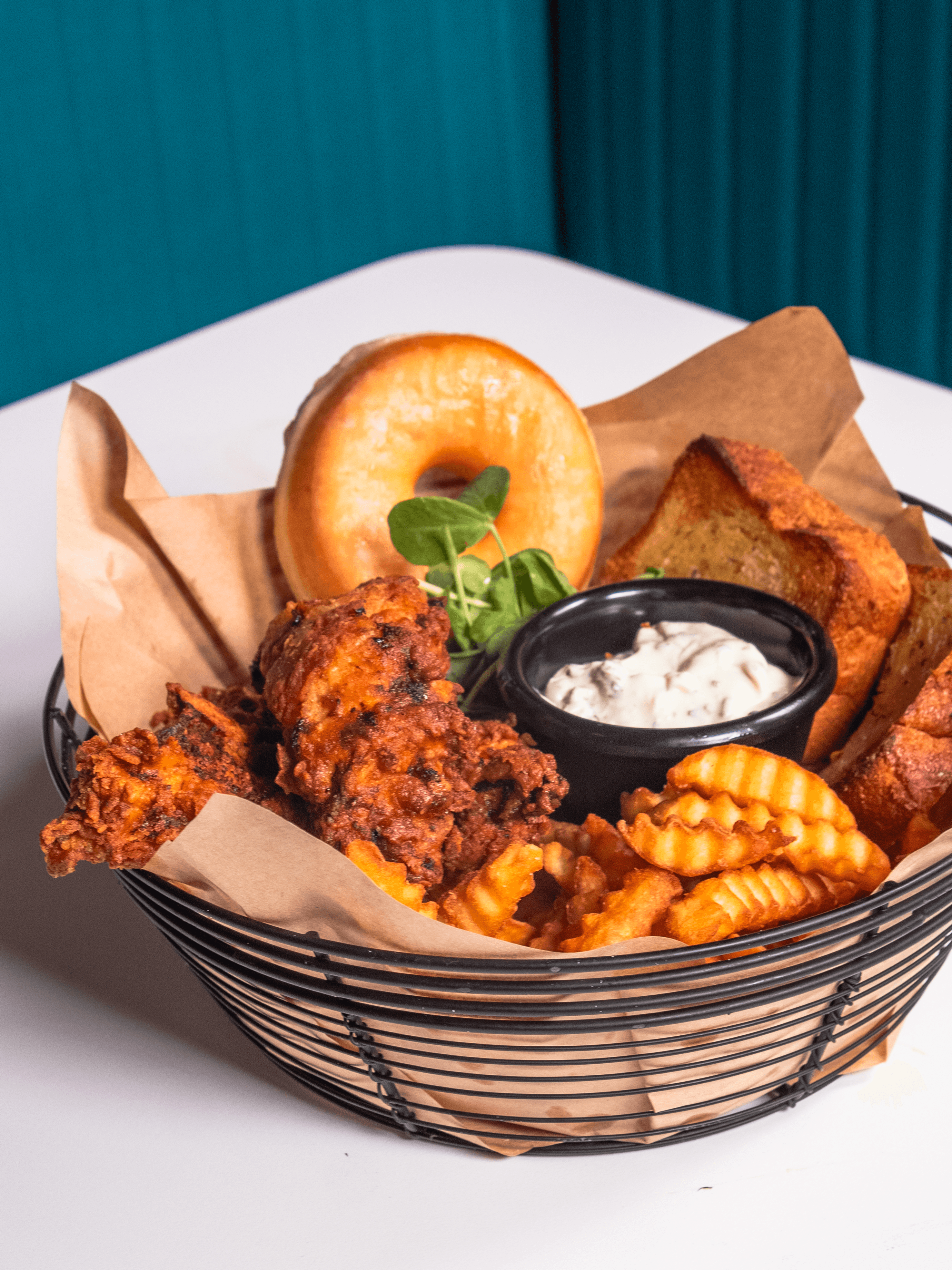 Chicken Basket with Texas Toast, Fries, Donut and Home-Fried Chickeb