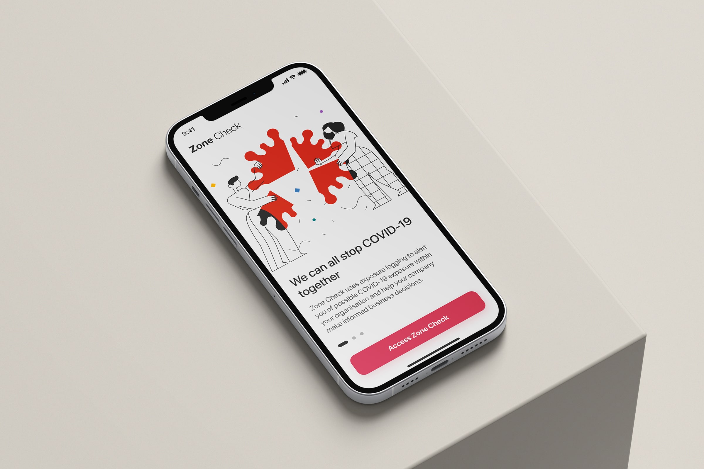 Smartphone displaying PWC Zone Check app onboarding screen with illustration of people and red virus particles, text "We can all stop COVID-19 together"