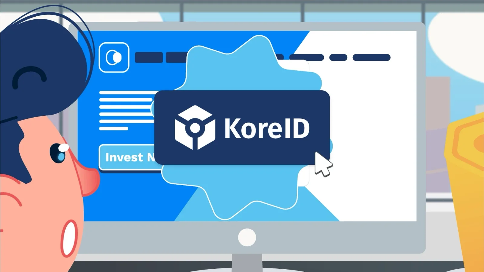 A flat illustration of a person at a monitor showing an investment page, with the KoreID badge and a cursor over the one-click action.