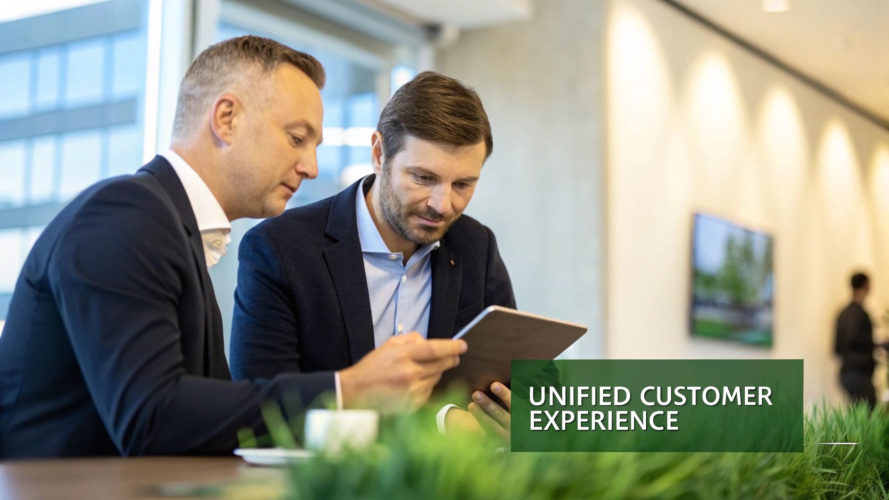 Two professional businessmen in suits looking at a tablet in a modern office setting.