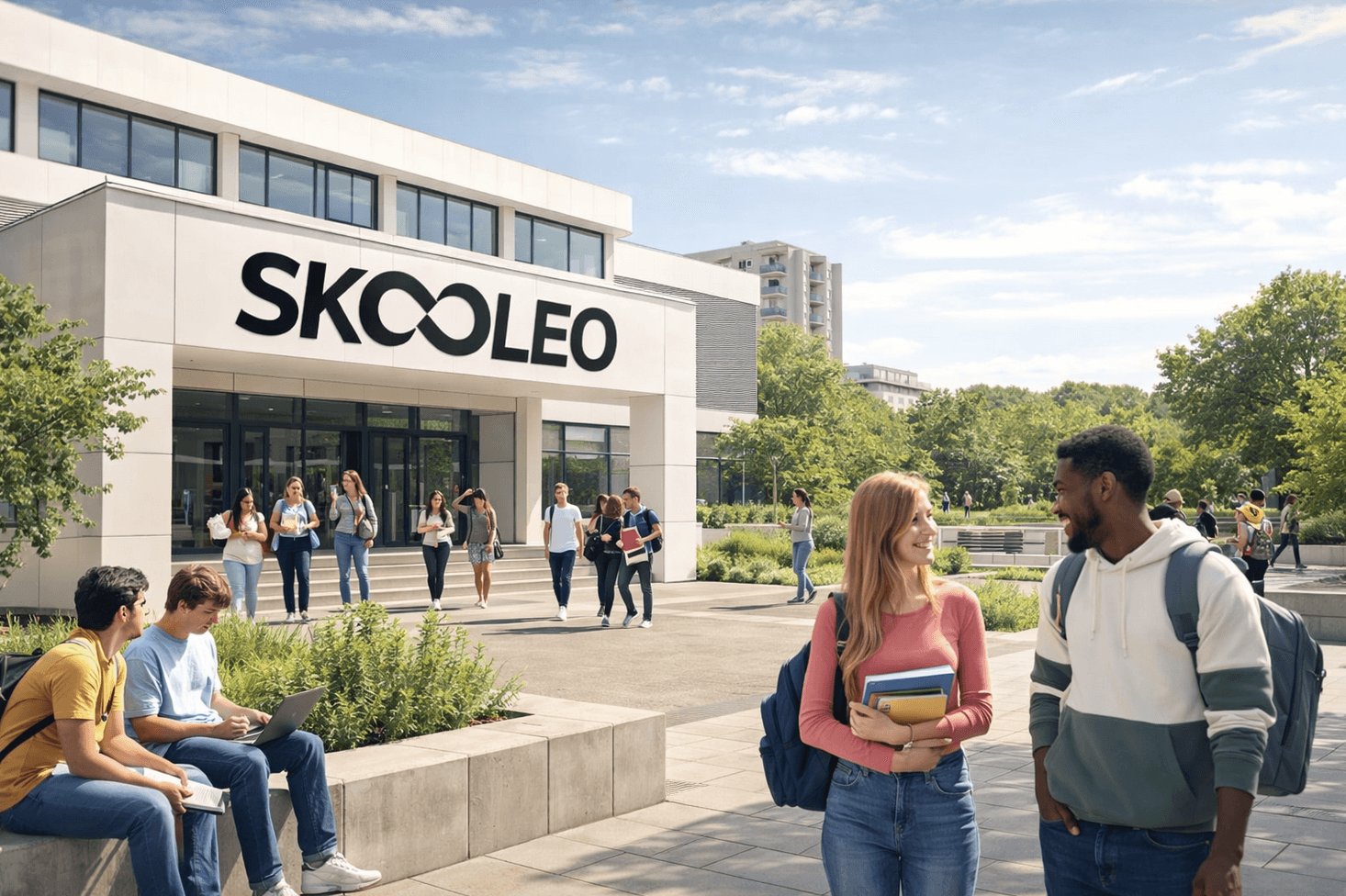Campus de l’école Skooleo à Créteil (94) : étudiants devant l’entrée du bâtiment, école en alternance proposant des formations Bac+1 à Bac+3 en commerce, marketing digital et ressources humaines.