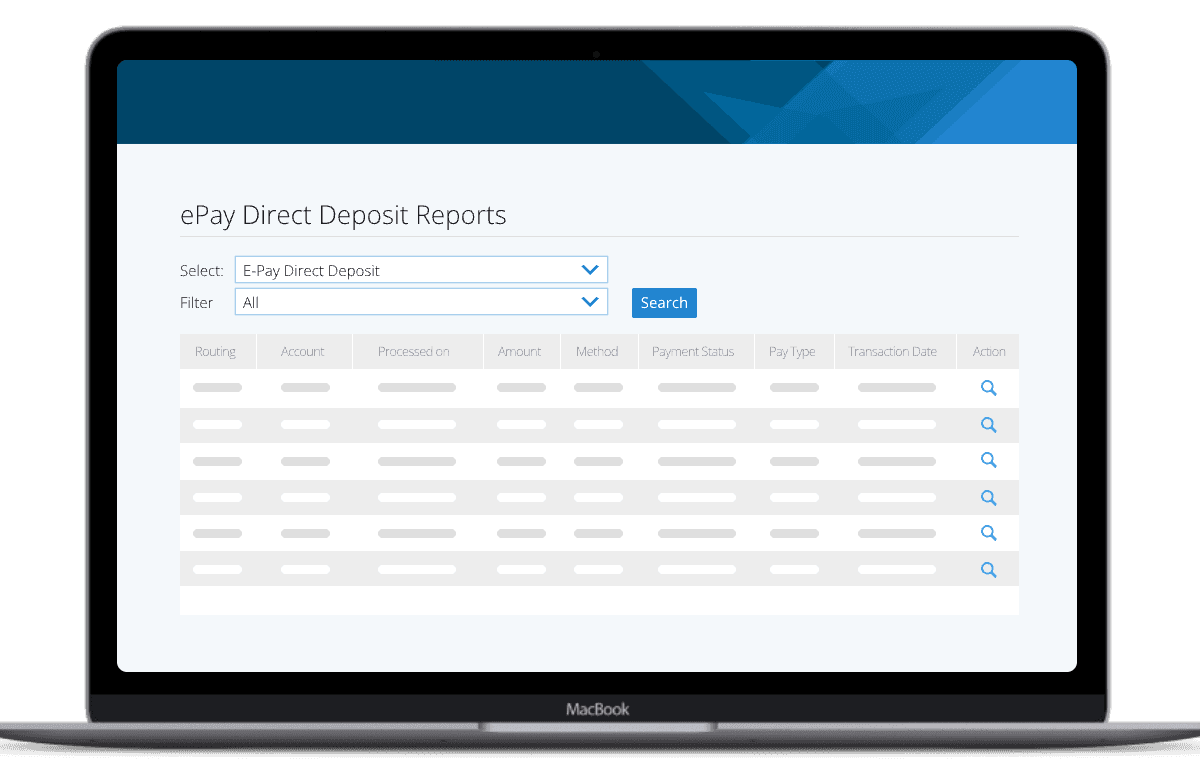 ePay Direct Deposit Reports interface displaying transaction history with sortable columns for routing, account, amount, payment status, and transaction dates