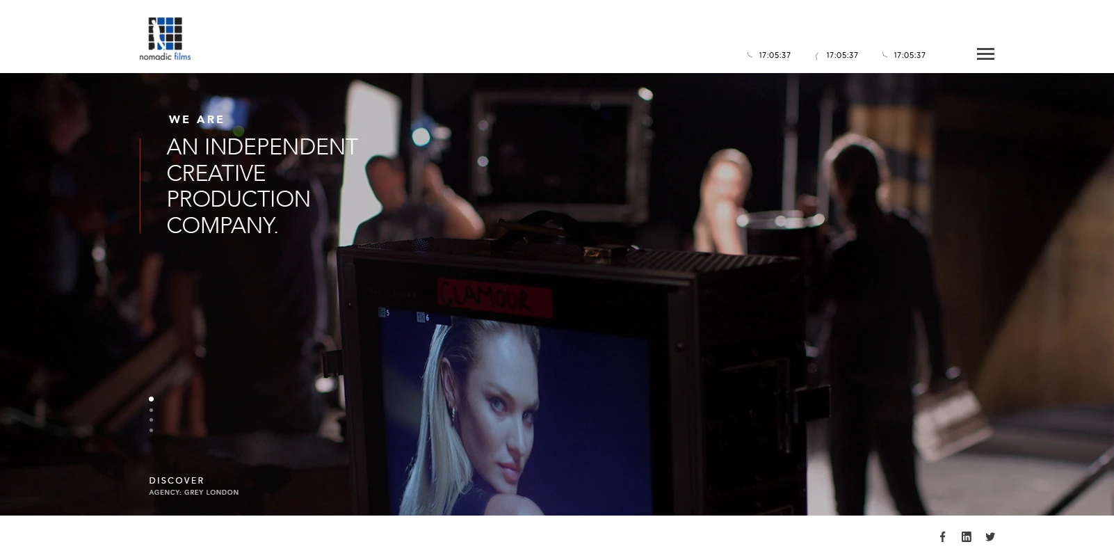 Nomadic Films homepage featuring a full-width production image and navigation.