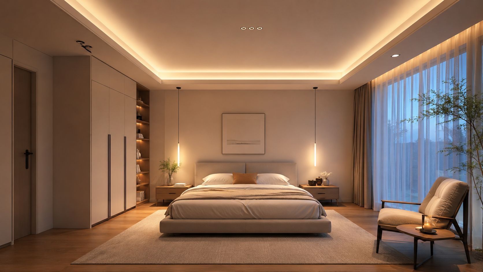 A modern, serene bedroom featuring warm cove lighting, a comfortable bed, and an elegant armchair near the window.