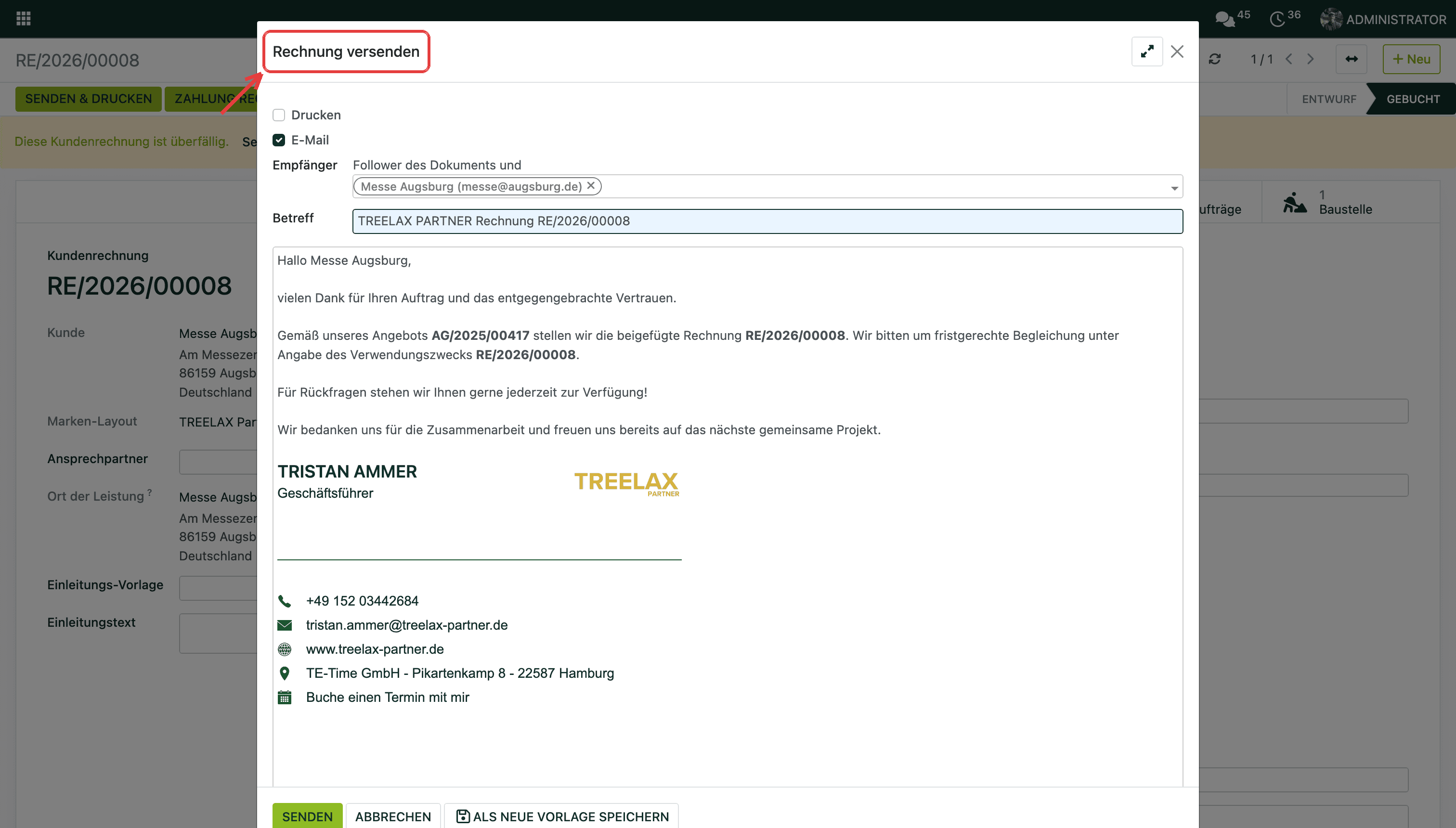 Der gewohnte Dialog „Rechnung versenden“ — mit dem Klick auf „Senden“ geht die Rechnung automatisch auch an DATEV.