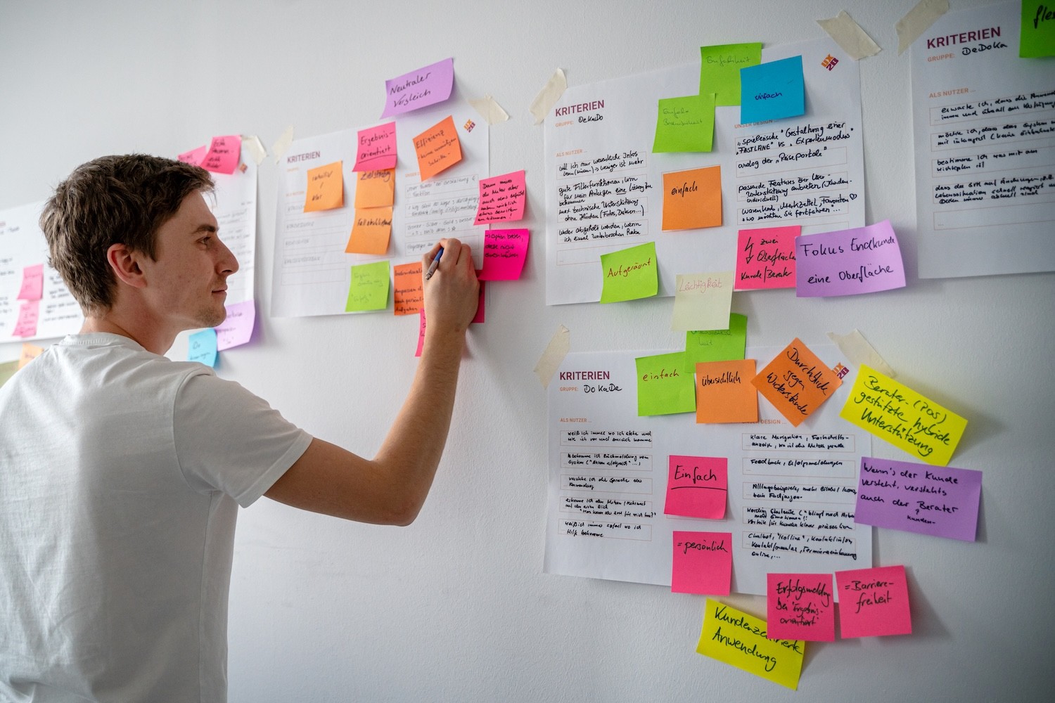 Person in weißem T-Shirt schreibt an eine Wand mit mehreren Blättern und bunten Haftnotizen
