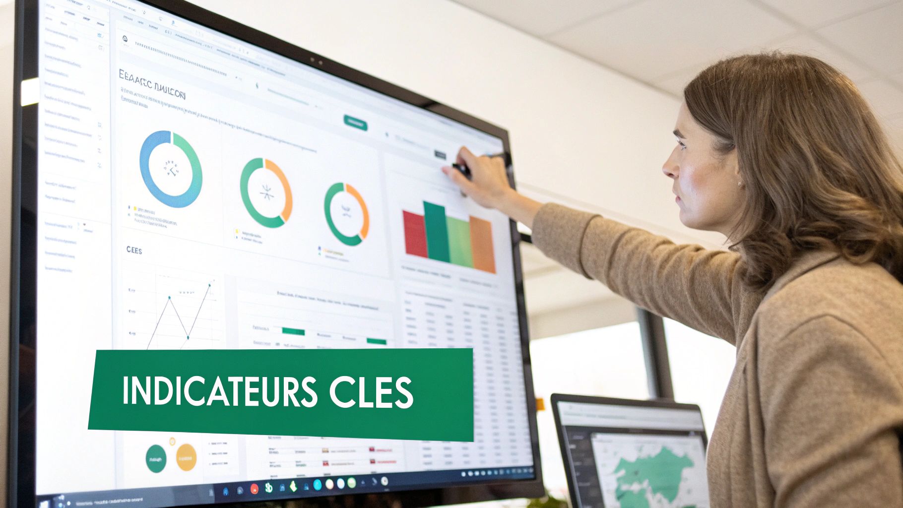 Femme en pull beige interagit avec un grand écran affichant des tableaux de bord et des indicateurs clés.