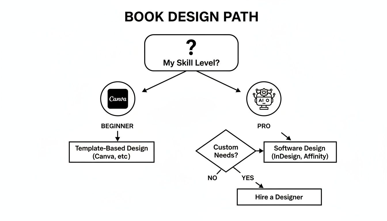 Flowchart illustrating book design path based on skill level, offering options like Canva, software, or hiring a designer.
