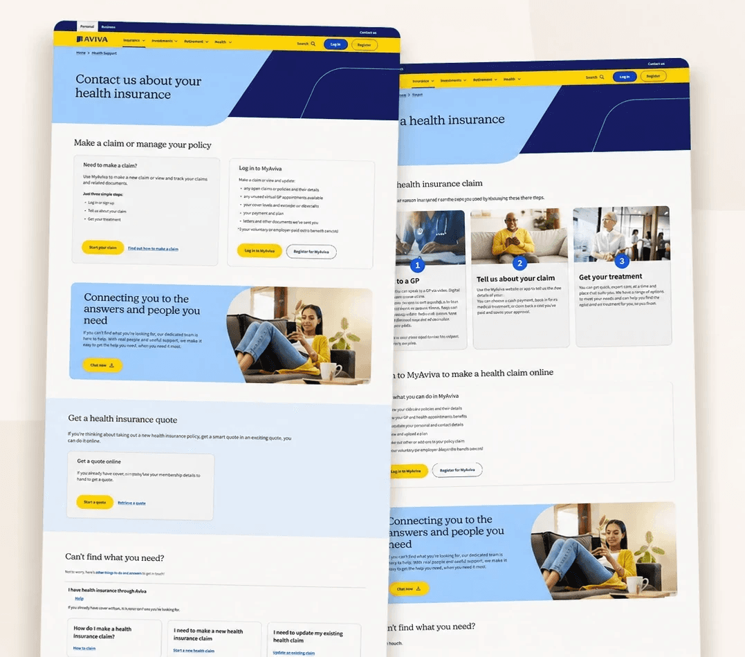 Aviva support page designs showing car insurance and health insurance support pages with navigation, hero banners, and self-service task cards