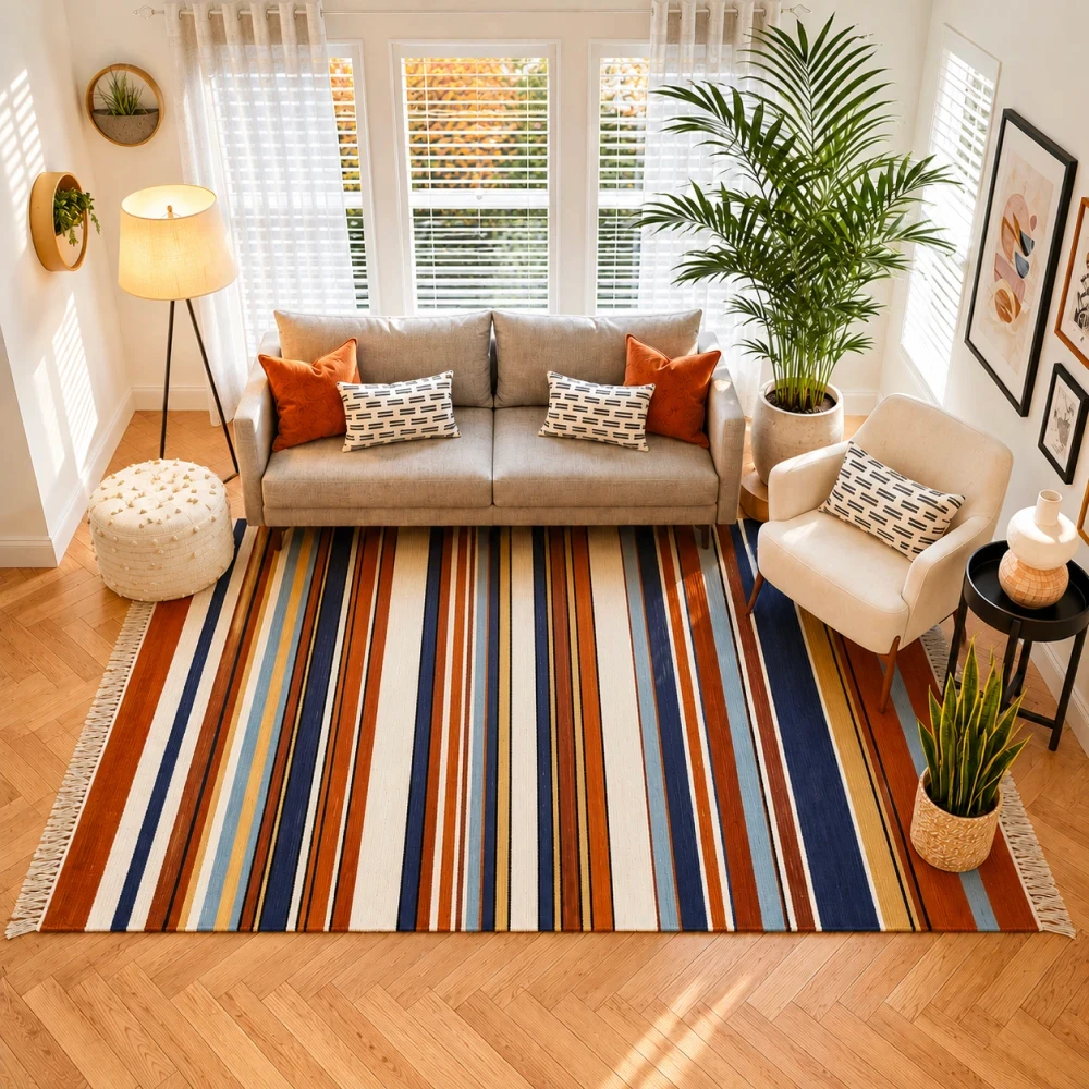 blue and white pillows on white couch and round white area mat on floor