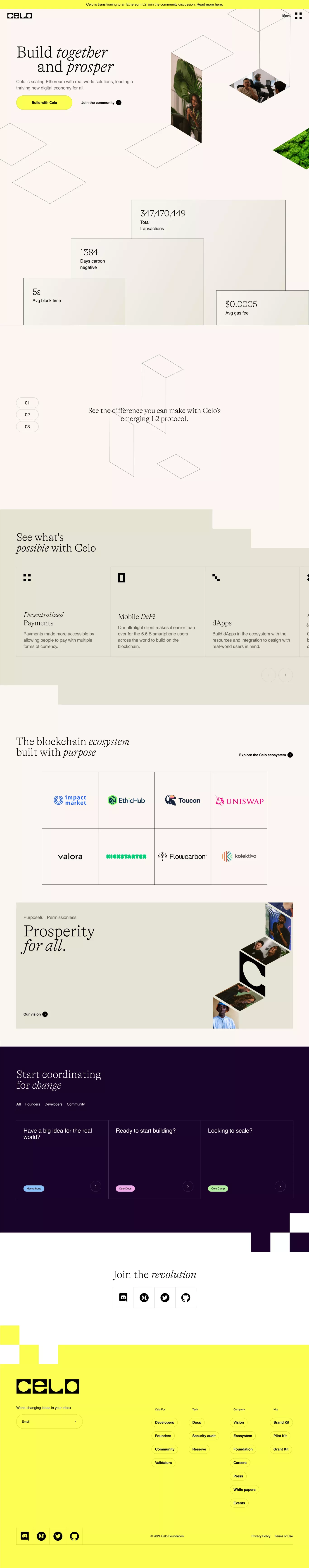 Celo landing page screenshot showcasing Tech and Finance design