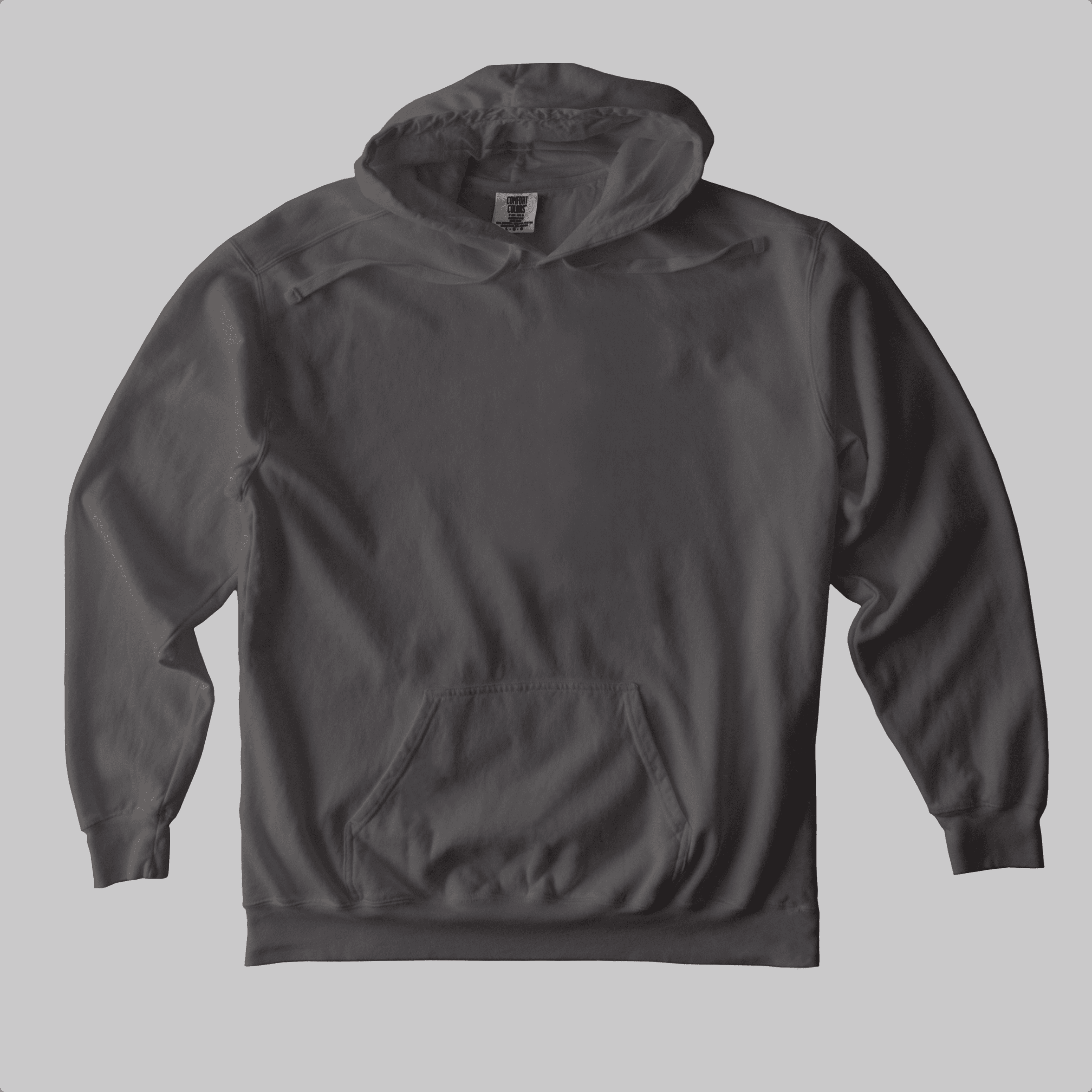 Dark gray pullover hoodie with a kangaroo pocket.